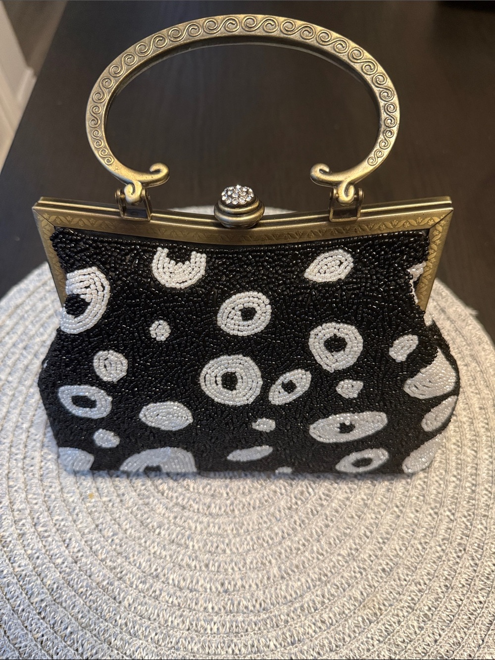Vintage-Inspired Black & White Beaded Handbag